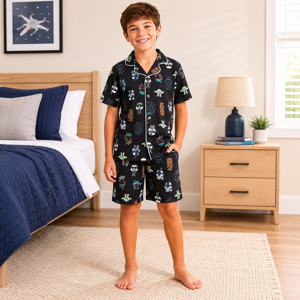 Star Wars Kids Pajama Set Black Character Print Button Down Shirt and Shorts NEW